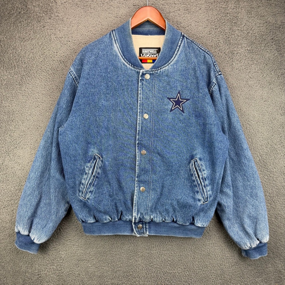 Hartwell ViaSport Mens Blue Denim Bomber Jacket Star Logo Vintage Size L 11718